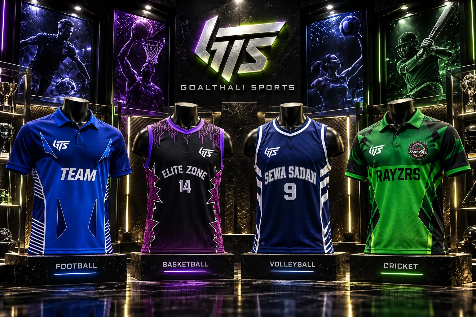 GTS concept jerseys for football, basketball, volleyball and cricket on display under the GoalThali Sports logo